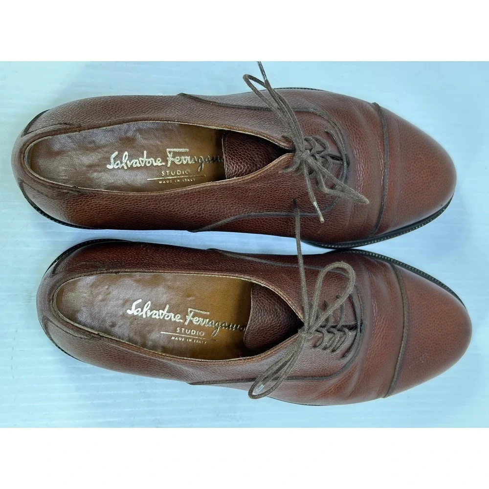 Salvatore Ferragamo Studio Brown Pebbled Leather Cap Toe Oxfords Mens 8.5 EE